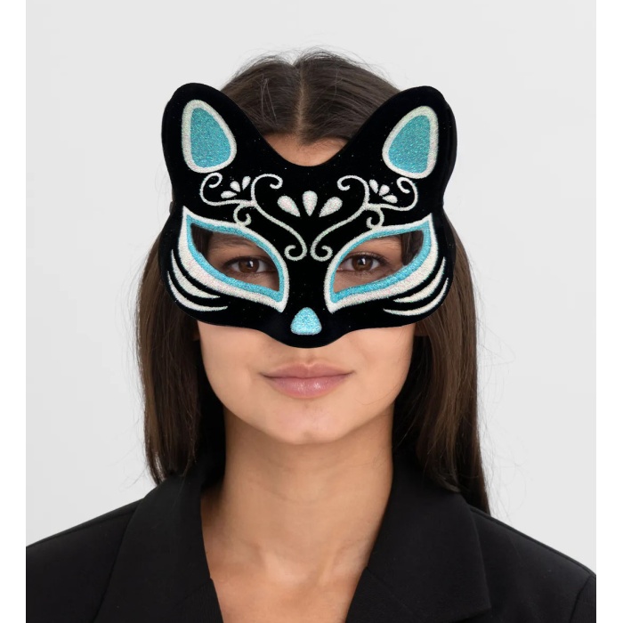 Siyah Renk Süet Kaplama Üzeri Gümüş Mavi Simli Kedi Maskesi 17x14 cm (5343)