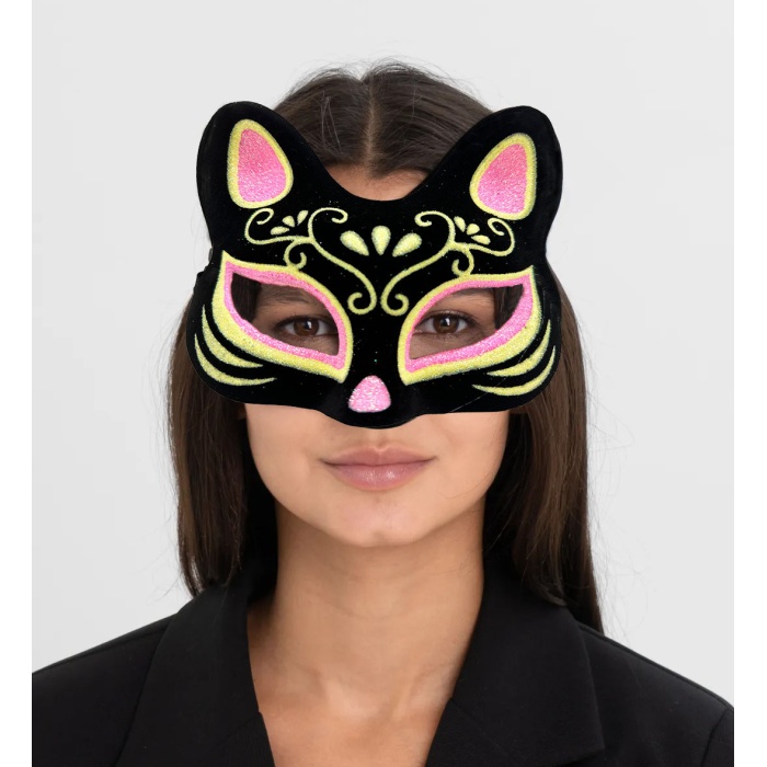 Siyah Renk Süet Kaplama Üzeri Pembe Sarı Simli Kedi Maskesi 17x14 cm (5343)