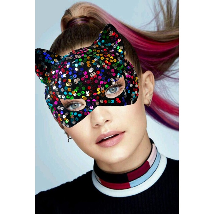 Siyah Kadife Kumaş Üzerine Rengarenk Payetli Pullu Parti Maskesi 16x14 cm (5343)