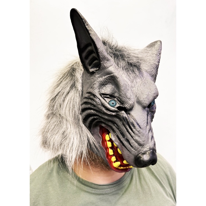 Kafaya Tam Geçmeli Lateks Mavi Gözlü Dişli Ağzı Açık Kurt Maskesi (5343)