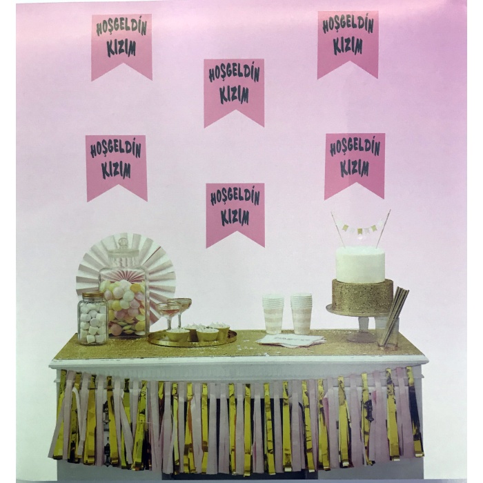 Pembe Üzeri Gümüş Renk Hoşgeldin Kızım Bayrak Süs (5343)