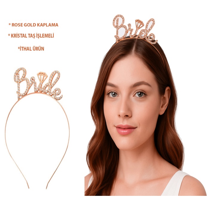 Rose Gold Renkli Taşlı “Bride” Gelin Tacı – El Yazısı Yazı Tipiyle (5343)