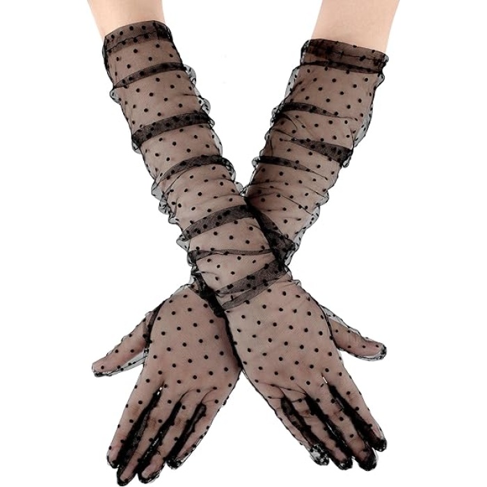 Uzun Boy Siyah Puantiyeli Siyah Renk Yetişkin Tül Eldiven 55 cm (5343)