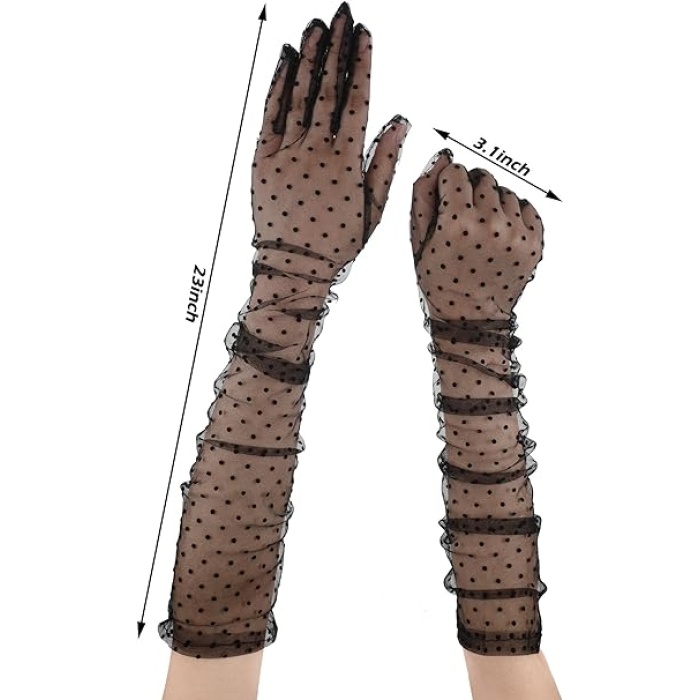 Uzun Boy Siyah Puantiyeli Siyah Renk Yetişkin Tül Eldiven 55 cm (5343)