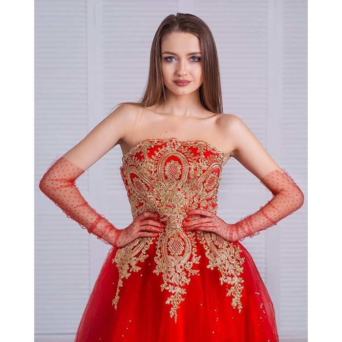 Uzun Boy Kırmızı Puantiyeli Kırmızı Renk Yetişkin Tül Eldiven 55 cm (5343)