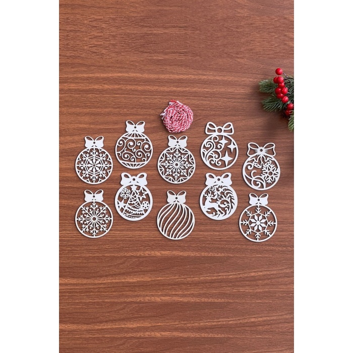 10 Parça Kırmızı Beyaz İpli Fiyonk Model Ahşap Yılbaşı Ağaç Süsü (5343)