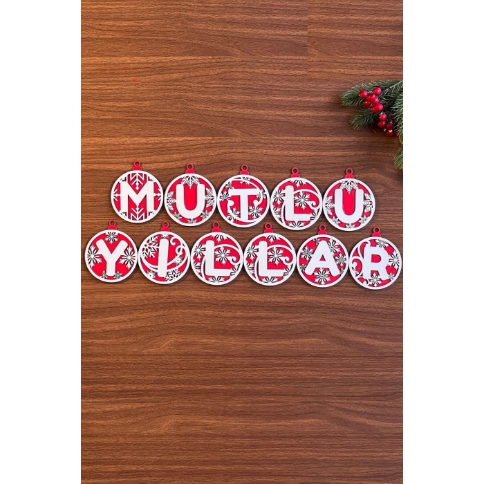 11 Harfli Kırmızı Beyaz İpli MUTLU YILLAR Yazılı Ahşap Yılbaşı Ağaç Süsü (5343)