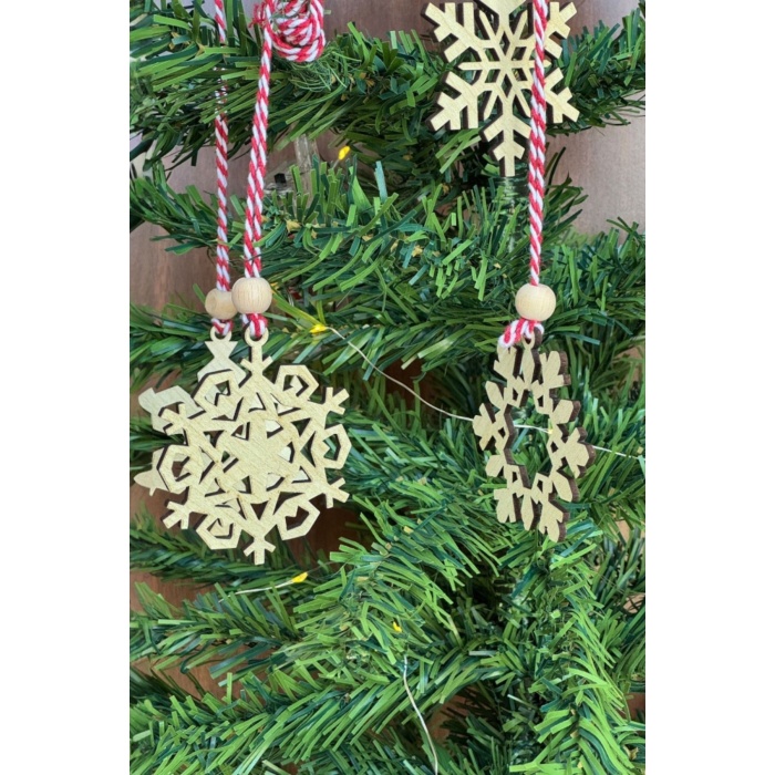 Pilli Peri Ledli 6 Parça Kırmızı Beyaz İpli Kar Tanesi Model Ahşap Yılbaşı Ağaç Süsü (5343)