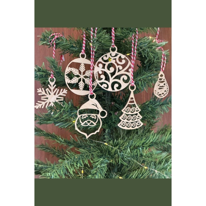 6 Parça Kırmızı Beyaz İpli Noel Babalı ve Kar Tanesi Model Ahşap Yılbaşı Ağaç Süsü (5343)