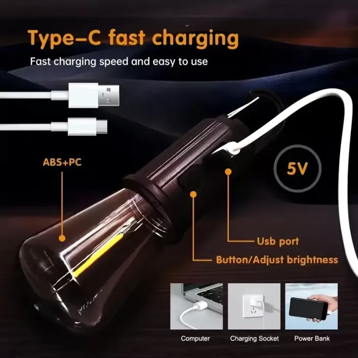 Rustik Taşınabilir Şarjlı Tasarruflu Ampul 10W Led Lamba Type-c Şarj Askılı Asma Aydınlatma T020 (5343)