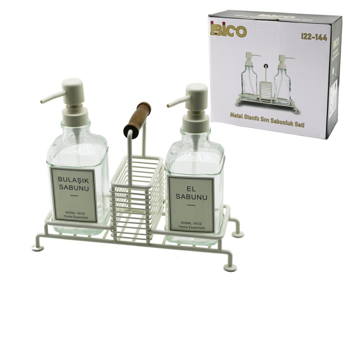 3 PCS METAL STANDLI - CAM SIVI SABUNLUK SETİ AHŞAP TUTMALI - SÜNGERLİK (5343)