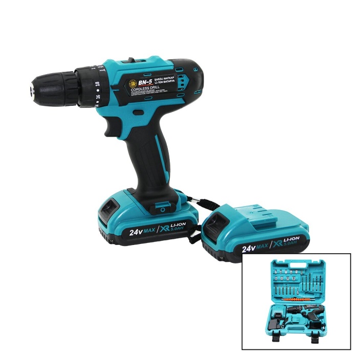 MAVİ 1250 RPM BN-5 F-136 CORDLESS DRILL FULL ŞARJLI=24V=5.0Ah - 2 BATARYA MATKAP SETİ ÇANTALI (5343)