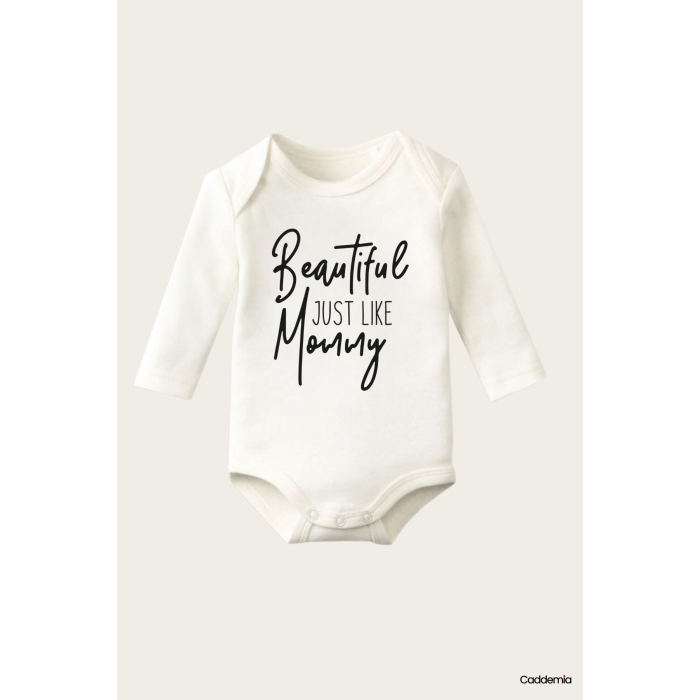 Beautiful Jus Like Mommy Yazı Temalı Baskılı Pamuklu Uzun Kollu Çıtçıtlı Bebek Body Zıbın Atlet Tulum