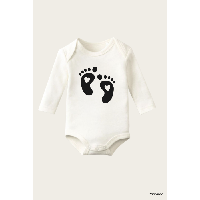 Minik Bebek Ayağı Temalı Baskılı Pamuklu Uzun Kollu Çıtçıtlı Bebek Body Zıbın Atlet Tulum