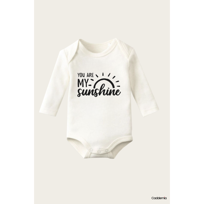 You Are My Sunshine Yazı Temalı Baskılı Pamuklu Uzun Kollu Çıtçıtlı Bebek Body Zıbın Atlet Tulum