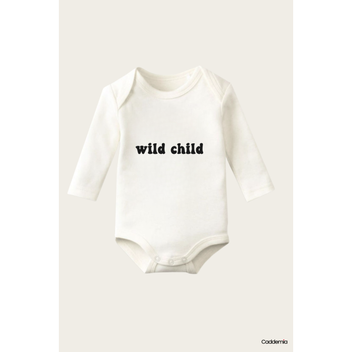 Wild Child Yazı Temalı Baskılı Pamuklu Uzun Kollu Çıtçıtlı Bebek Body Zıbın Atlet Tulum