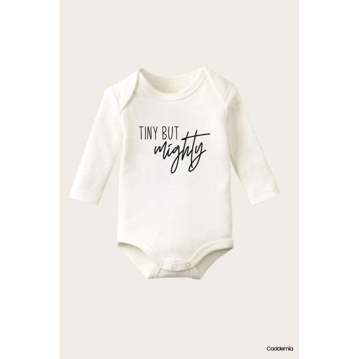 Tiny But Mightly Yazı Temalı Baskılı Pamuklu Uzun Kollu Çıtçıtlı Bebek Body Zıbın Atlet Tulum