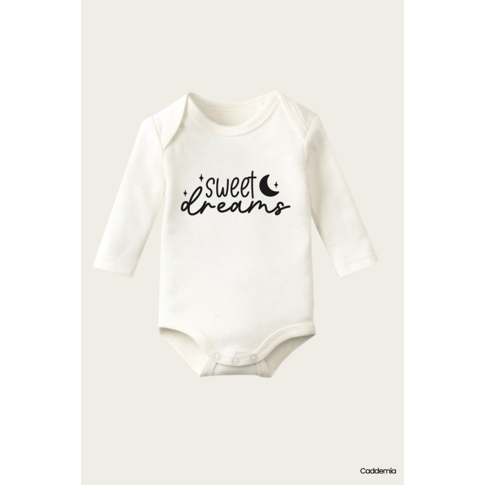 Sweet Dreams Yazı Temalı Baskılı Pamuklu Uzun Kollu Çıtçıtlı Bebek Body Zıbın Atlet Tulum