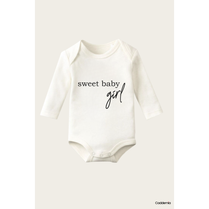 Sweet Baby Girl Yazı Temalı Baskılı Pamuklu Uzun Kollu Çıtçıtlı Bebek Body Zıbın Atlet Tulum