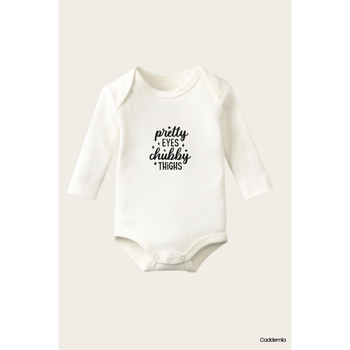 Pretty Eyes Yazı Temalı Baskılı Pamuklu Uzun Kollu Çıtçıtlı Bebek Body Zıbın Atlet Tulum