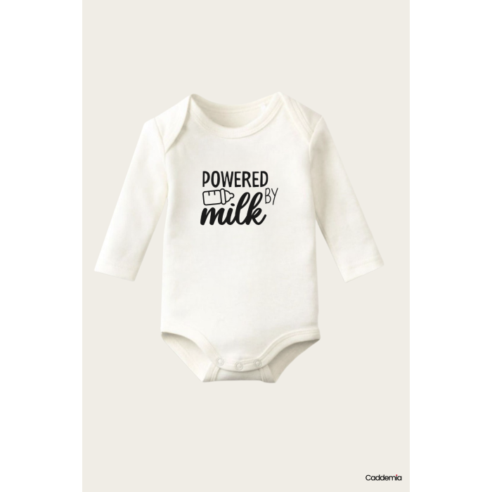 Powered By Milk Yazı Temalı Baskılı Pamuklu Uzun Kollu Çıtçıtlı Bebek Body Zıbın Atlet Tulum