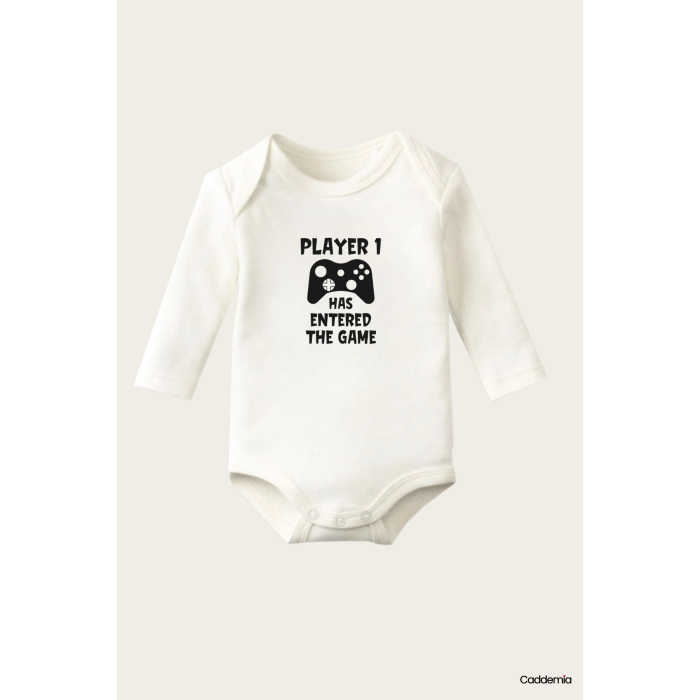 Player One Yazı Temalı Baskılı Pamuklu Uzun Kollu Çıtçıtlı Bebek Body Zıbın Atlet Tulum