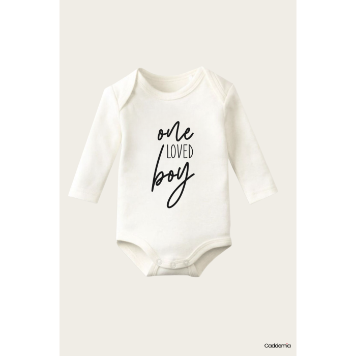 One Loved Boy Yazı Temalı Baskılı Pamuklu Uzun Kollu Çıtçıtlı Bebek Body Zıbın Atlet Tulum
