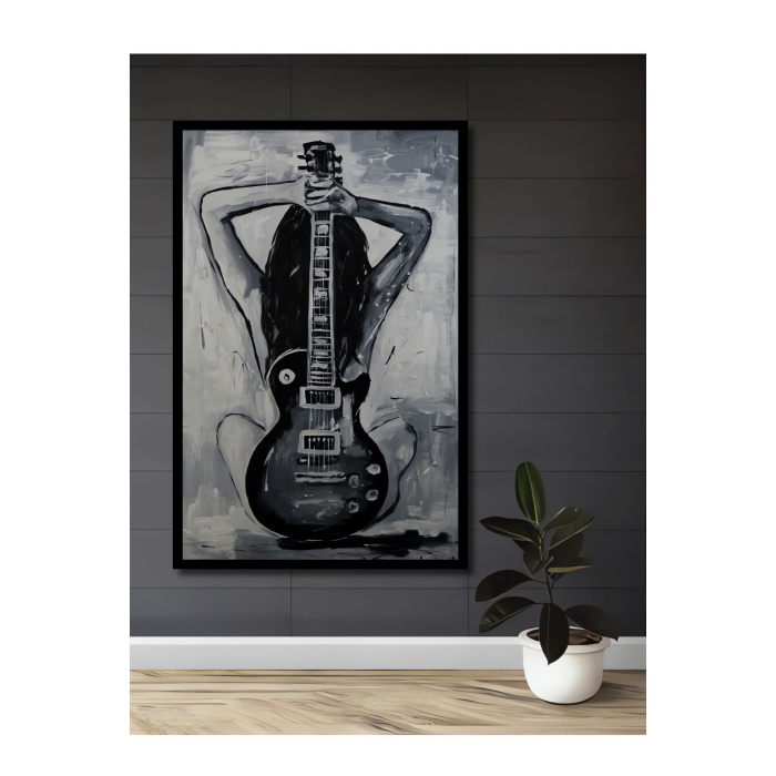 Çerçeve Görünümlü Dekoratif Ahşap Kare Gitar Ve Kadın Tablosu Ev/Ofis/İşyeri Tablo