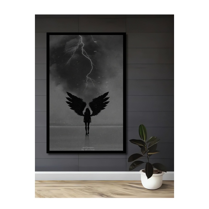 Çerçeve Görünümlü Dekoratif Ahşap Kare Karanlık Melek Tablosu Ev/Ofis/İşyeri Tablo