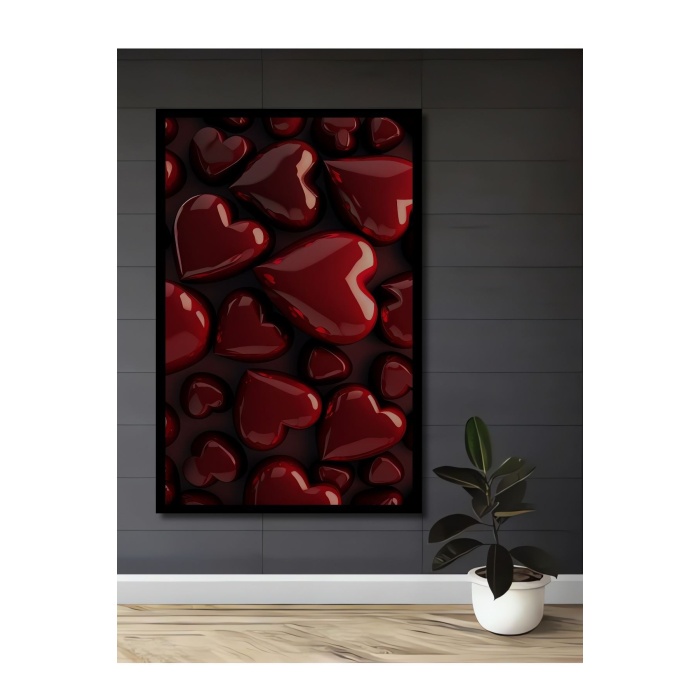 Çerçeve Görünümlü Dekoratif Ahşap Kare Kırmızı Kalpler Tablosu Ev/Ofis/İşyeri Tablo
