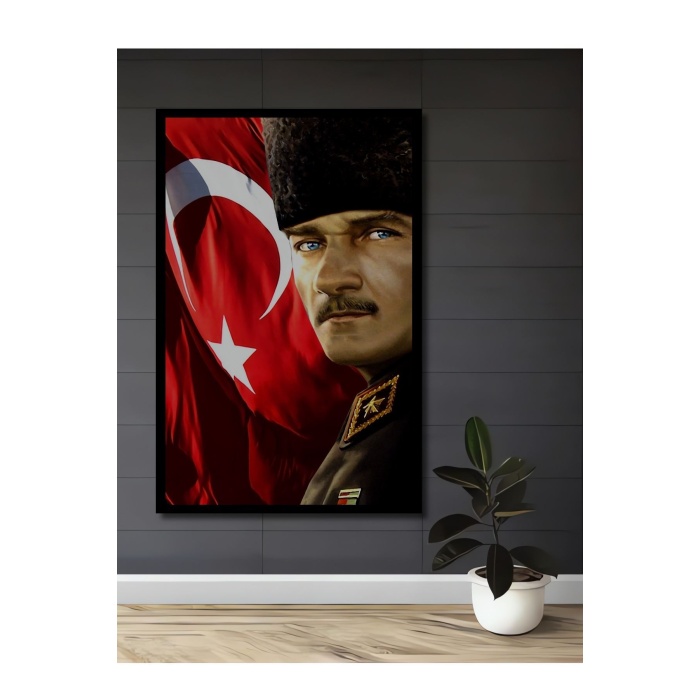 Çerçeve Görünümlü Dekoratif Ahşap Kare Atatürk Türk Bayrağı Tablosu Ev/Ofis/İşyeri Tablo