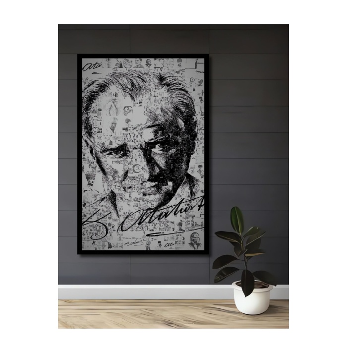 Çerçeve Görünümlü Dekoratif Ahşap Kare Atatürk Kolaj Tablosu Ev/Ofis/İşyeri/Salon/Mutfak/Banyo Tablo