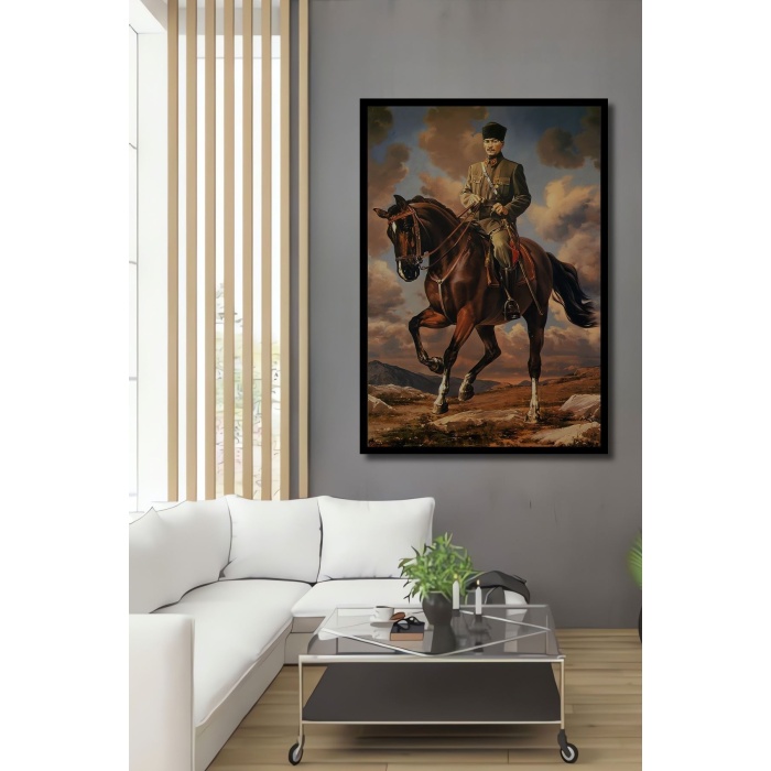 Çerçeve Görünümlü Dekoratif Ahşap Kare Atatürk Ata Binmiş Tablosu Ev/Ofis/İşyeri Tablo