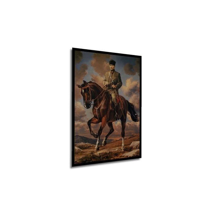 Çerçeve Görünümlü Dekoratif Ahşap Kare Atatürk Ata Binmiş Tablosu Ev/Ofis/İşyeri Tablo
