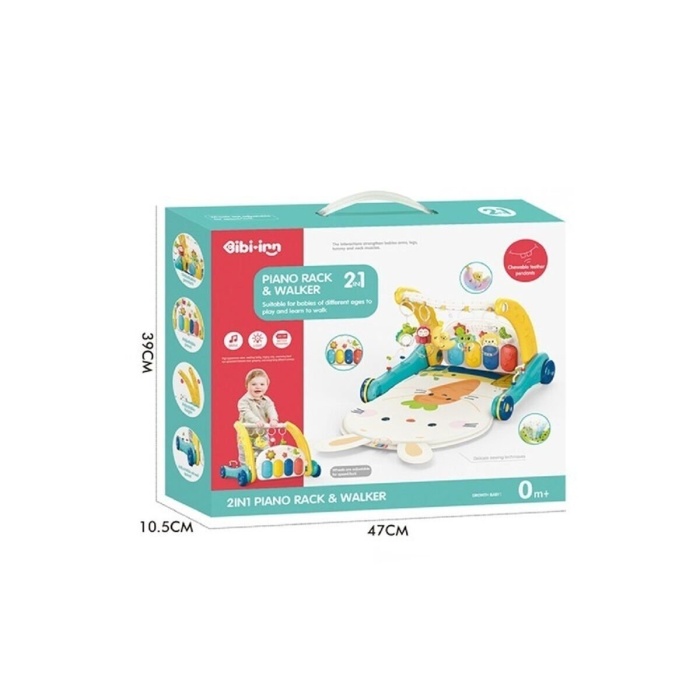 BIB6015 -Vardm Piyanolu 2 in 1 Bebek Yürüteci ve Tavşan Desenli Mavi Oyun Halısı