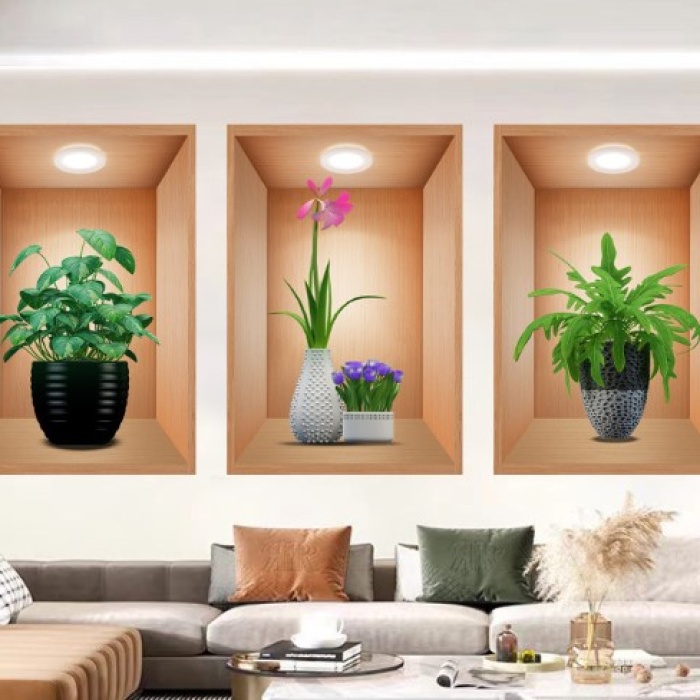 3D Çiçek Vazo Duvar Sticker 3 lü Set Kahverengi Fon (5343)