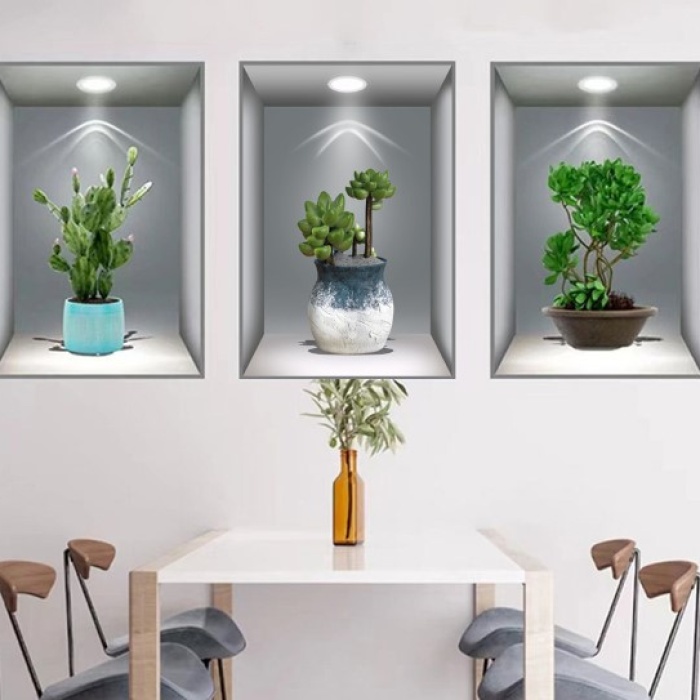 3D Çiçek Vazo Duvar Sticker 3 lü Set GRİ Fon (5343)