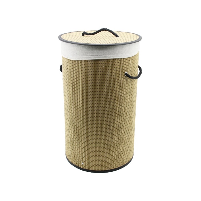 YUVARLAK HASIR - AHŞAP KİRLİ ÇAMAŞIR SEPETİ 37X60CM SEYYAR KAPAKLI İÇİ BEZLİ İP KULPLU (5343)
