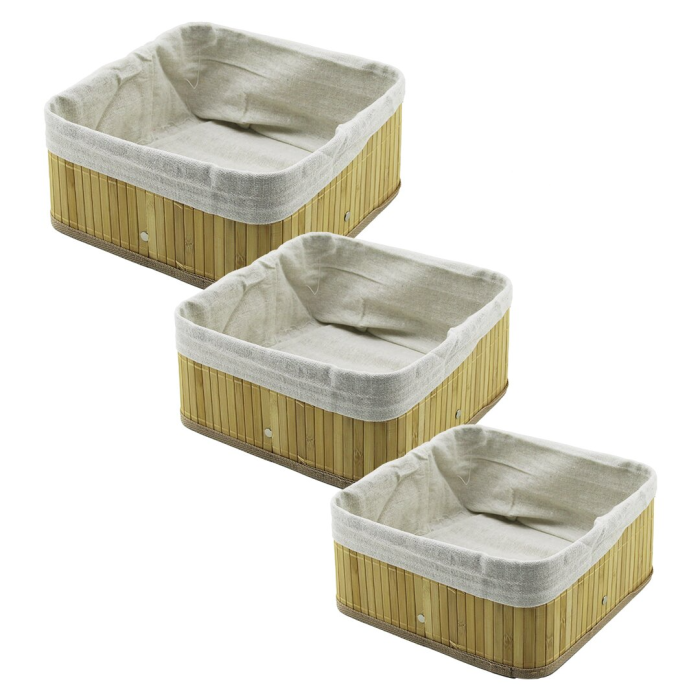 3 BOY KARE BAMBU KENAR ORGANİZER SEPET AHŞAP ALTLIK - BEZLİ 17X17-21X21-26X26CM (5343)