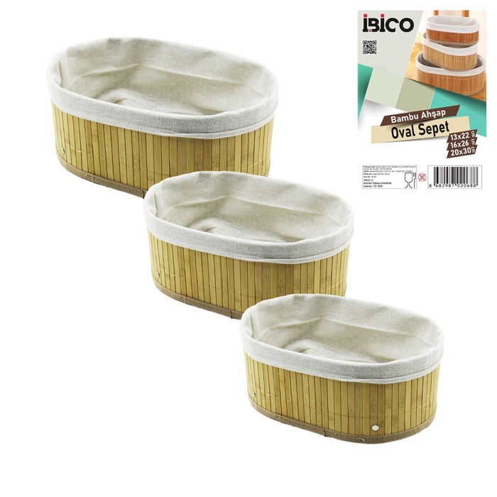 3 BOY  OVAL  BAMBU KENAR ORGANİZER SEPET AHŞAP ALTLIK - BEZLİ  13X22-16X26-20X30CM (5343)