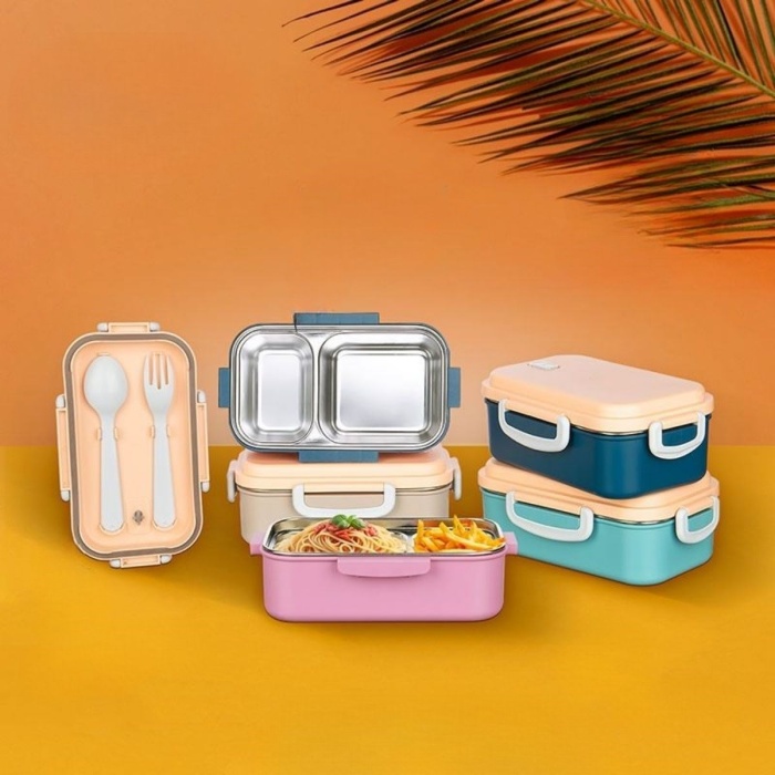 2 Bölmeli 150-300 Ml Paslanmaz Çelik Yemek Kabı Beslenme Kabı Yiyecek Saklama Kabı (5343)