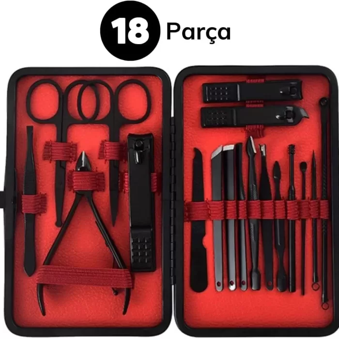 18 Parça Manikür Pedikür Set Kutusu Çelik Deri Çantalı Bakım Seti (5343)
