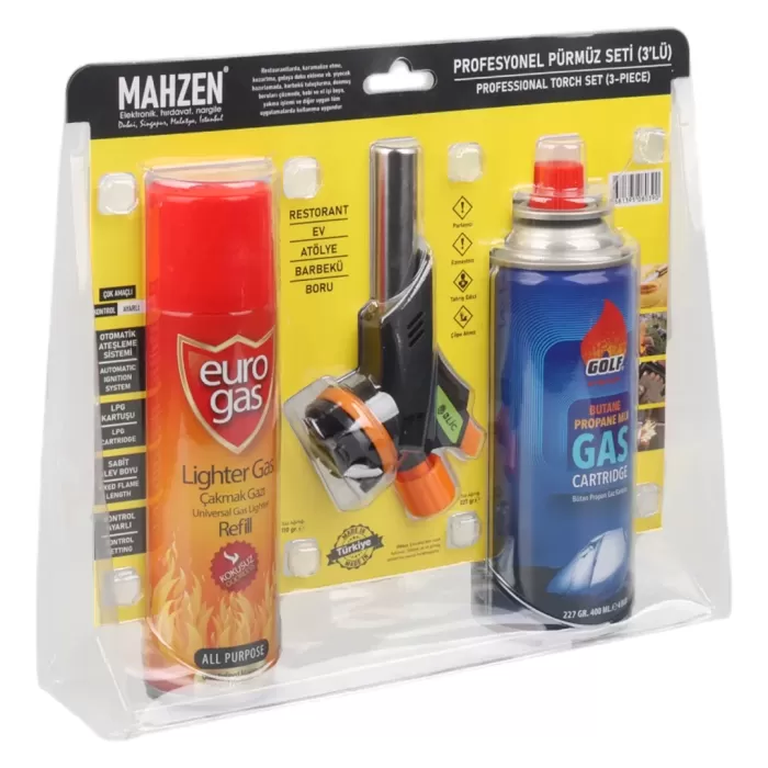 3 Parça Profesyonel Pürmüz Seti Pürmüz Torch Çakmak Başlık- Kamp Gazı 400ml- Çakmak Gazı 270 (5343)