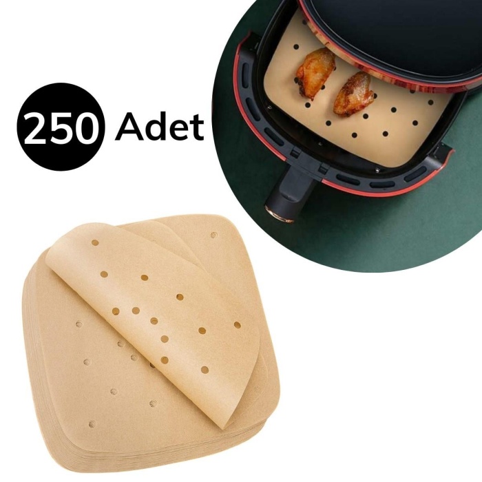 250 Adet Air Fryer Pişirme Kağıdı Tek Kullanımlık Hava Fritöz Yağ Geçirmez Yapışmaz Gıda Pişirme Kağıdı Delikli Kare Model (5343)