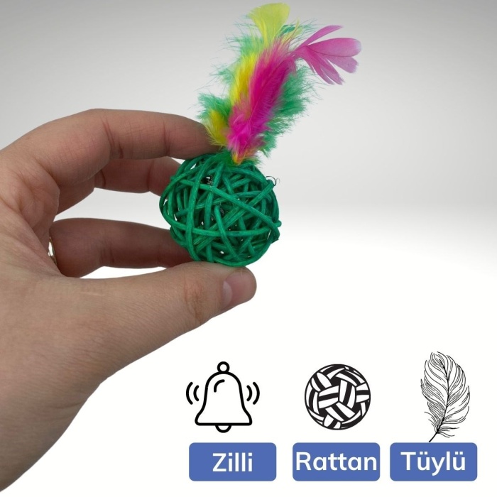 2li Rattan Renkli Peluş Tüy Kedi Köpek Oyuncak Yakalama Çiğneme Çıngıraklı Top Oyuncağı (5343)