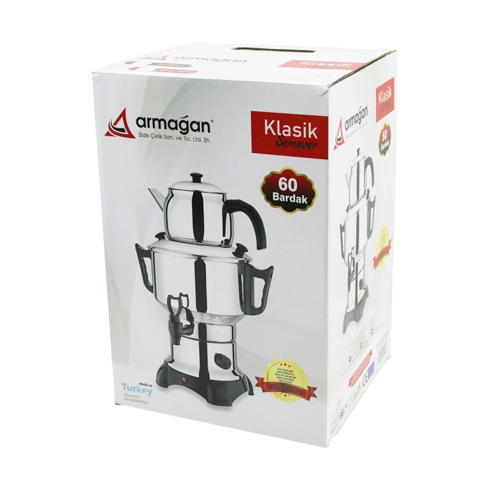 KLASİK ÇAY SETİ=DEMLİK - SU KAZANI ELEKTRİKLİ SEMAVER 60 BARDAK 6LT - TEK MUSLUK 1500W GİZLİ REZİSTANS (5343)
