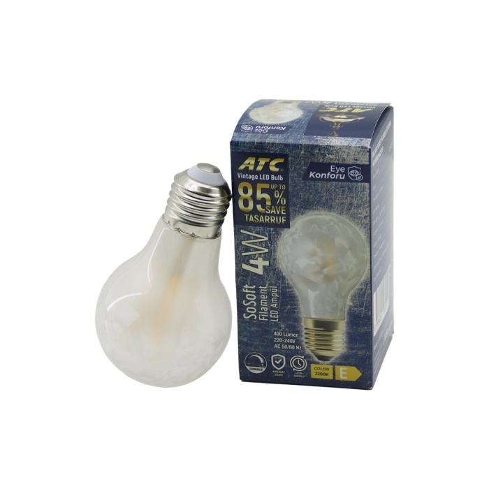 ATC-A60-SS VİNTAGE SOSOFT FİLAMENT 4W LED AMPUL LAMBA E27 KIRILMAZ PLASTİK CAM 400 LÜMEN 2200K 25.000 SAAT (5343)