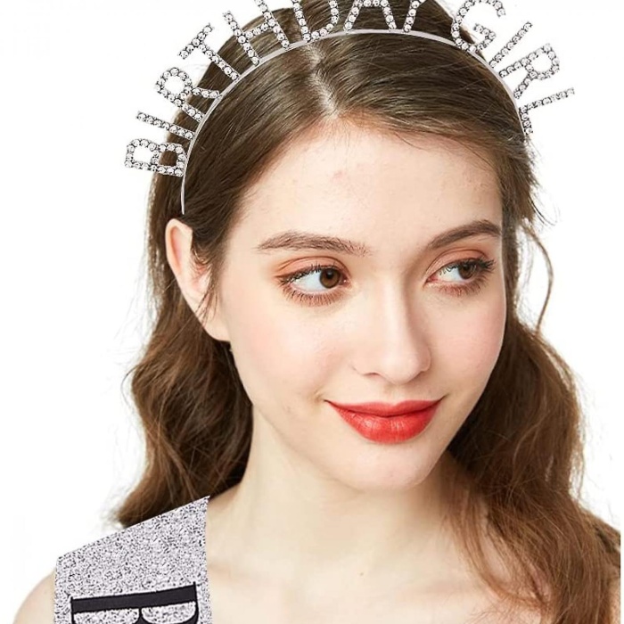 Gümüş Kristal Taşlı Birthday Girl Doğum Günü Tacı İthal Ürün A Kalite 17x16 cm (5343)