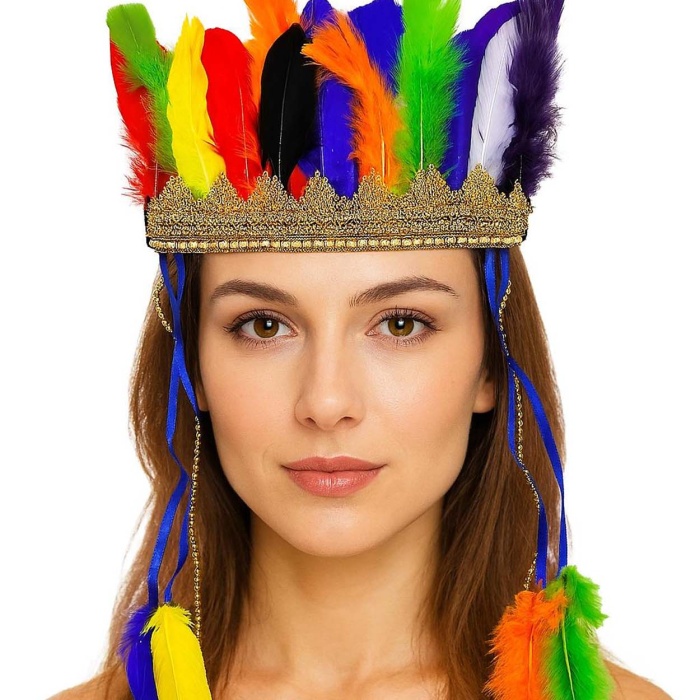 Rengarenk Tüylerle İşlenmiş Lastikli Kızılderili Başlığı (5343)