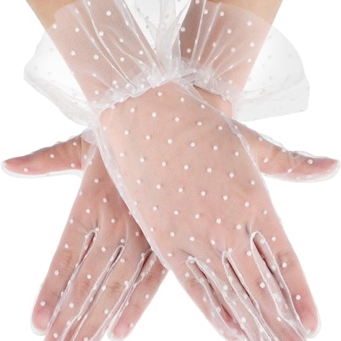 Kısa Boy Güpürlü Beyaz Puantiyeli Tül Eldiven Beyaz Renk (5343)